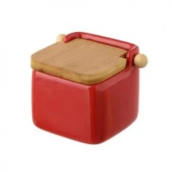 Meilleure affaire ???? Wadiga Bocaux, Pots Et Bonbonnières Pot à Sel En Céramique Rouge Et Couvercle Bambou - 12x12x11cm ⌛