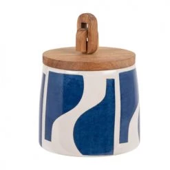 Meilleur prix ???? Maisons Du Monde Bocaux, Pots Et Bonbonnières Pot En Grès Crème Et Bleu Marine Couvercle En Bois D'acacia H9 ????