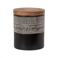 Promo ???? Maisons Du Monde Bocaux, Pots Et Bonbonnières Pot En Grès Noir Et écru Et Couvercle En Acacia H11 ????