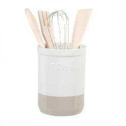 Grosses soldes ???? Maisons Du Monde Accessoires De Rangement De Cuisine Pot Ustensiles En Grès écru Et Gris H16 ⭐