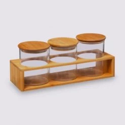 Budget ???? Five Simply Smart Bocaux, Pots Et Bonbonnières Set De 3 Pots à épices En Verre Et Support En Bambou ???? -pots et bonbonnières Soldes set de 3 pots a epices en verre et support en bambou 3