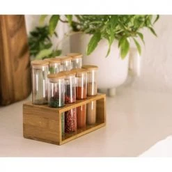 Coupon ✨ Wadiga Bocaux, Pots Et Bonbonnières Set De 8 Pots à épices En Verre Et Support En Bambou 18,5x10x16,5cm ⌛ -pots et bonbonnières Soldes set de 8 pots a epices en verre et support en bambou 18 5x10x16 5cm 2