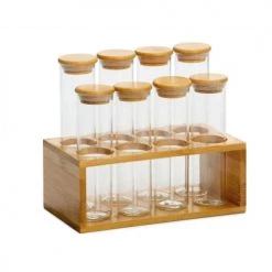 Coupon ✨ Wadiga Bocaux, Pots Et Bonbonnières Set De 8 Pots à épices En Verre Et Support En Bambou 18,5x10x16,5cm ⌛