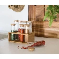 Coupon ✨ Wadiga Bocaux, Pots Et Bonbonnières Set De 8 Pots à épices En Verre Et Support En Bambou 18,5x10x16,5cm ⌛ -pots et bonbonnières Soldes set de 8 pots a epices en verre et support en bambou 18 5x10x16 5cm 3